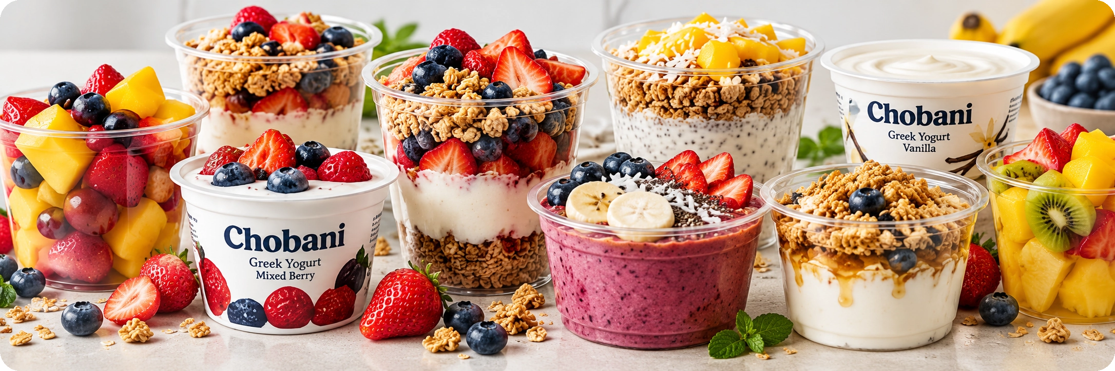 Assorted yogurt cups, parfaits, and fruit bowls