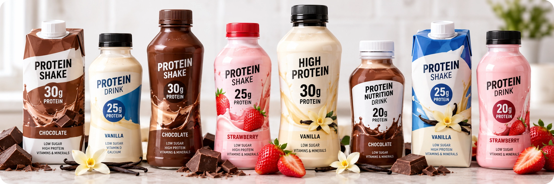 Assorted protein shakes in different flavors and brands