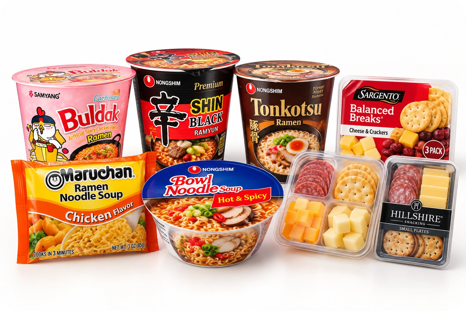 Instant ramen cups, noodle bowls, noodle packs, and crackers