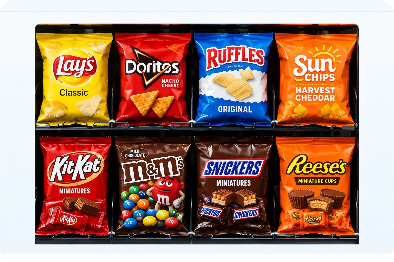 Popular chips and sweet snacks including KitKat, M&M's, Snickers, and Reese's