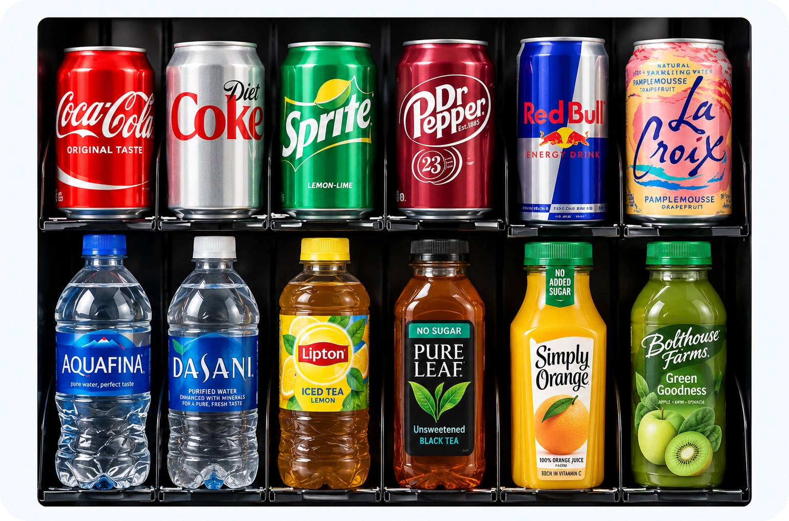 Popular cold beverages including soda, water, tea, fresh orange juice
